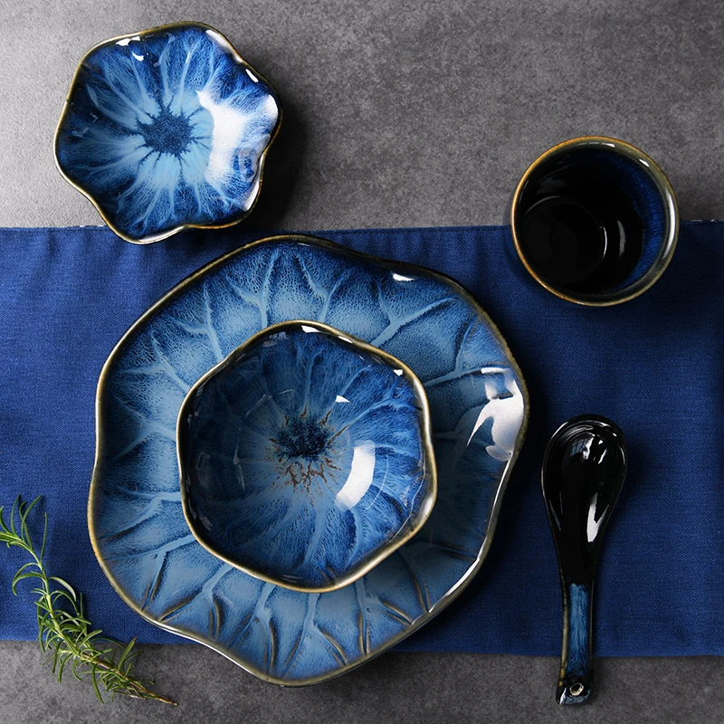 

Free shipping Japanese Kiln Glazed Ceramic Tableware Western Food Plate Snack Plate Dish Rice Bowl Sushi Cup One Person Food Set