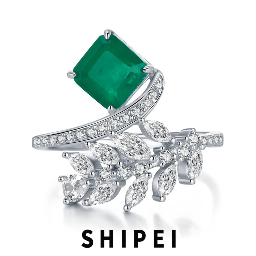 

Shipei Elegant Vintage 925 Sterling Silver Created Moissanite Emerald Gemstone Anniversary Party Women Rings Fine Jewelry Gifts