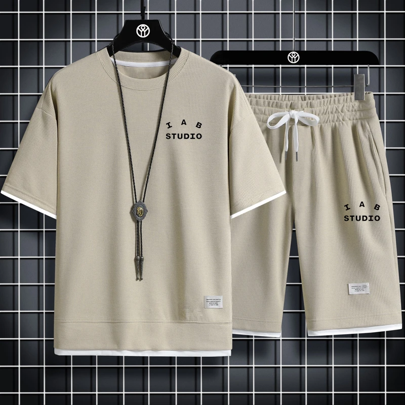 2023 Men's Two Piece Set Linen Fabric Casual T-Shirt and Shorts Set Mens Sports Suit Fashion Short Sleeve Tracksuit golf