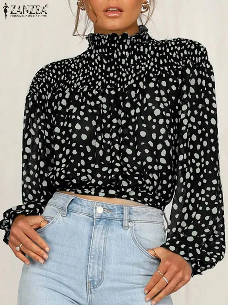 

Women' s Elegant Blouse 2022 Fashion Printed Camisas ZANZEA Spring Long Sleeve Tops Casual Holiday Turtleneck Baggy Short Shirts