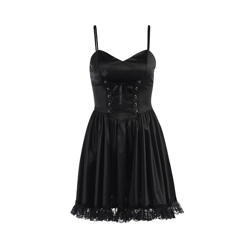 

Women Dark Gothic Sleeveless Black Pleated A-Line Mini Flowy Dress Harajuku Lace-Up Front Ruffled Lace Flare Hem High Waist