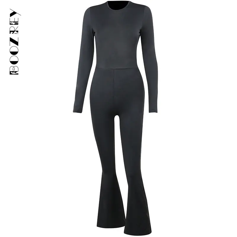 BoozRey 2023 Fall Black Backless Jumpsuit for Women Party One Piece Outfits Long Sleeve Bodycon Flare Junpsuit Ladies Clubwear