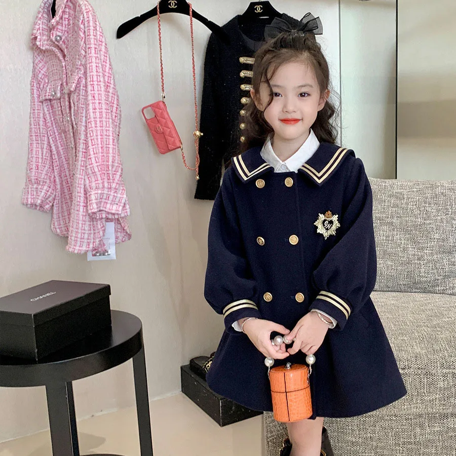 

Пальто средней длины, темно-синее пальто в стиле преппи для малышей, Модная стильная двухбортная зимняя одежда для девочек, Осень-зима 2022 для маленьких девочек