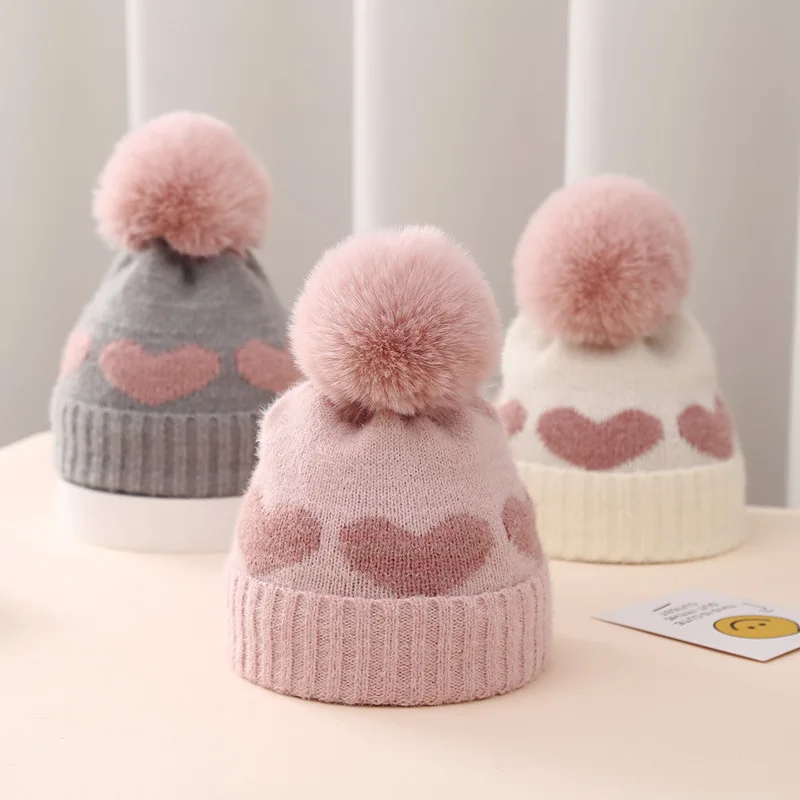 

2023 New Autumn Winter Baby Knitted Hats Girls Acrylic Thickening Warm Toddler Beanie Cute Heart Newborn Hats For 0-12 Months