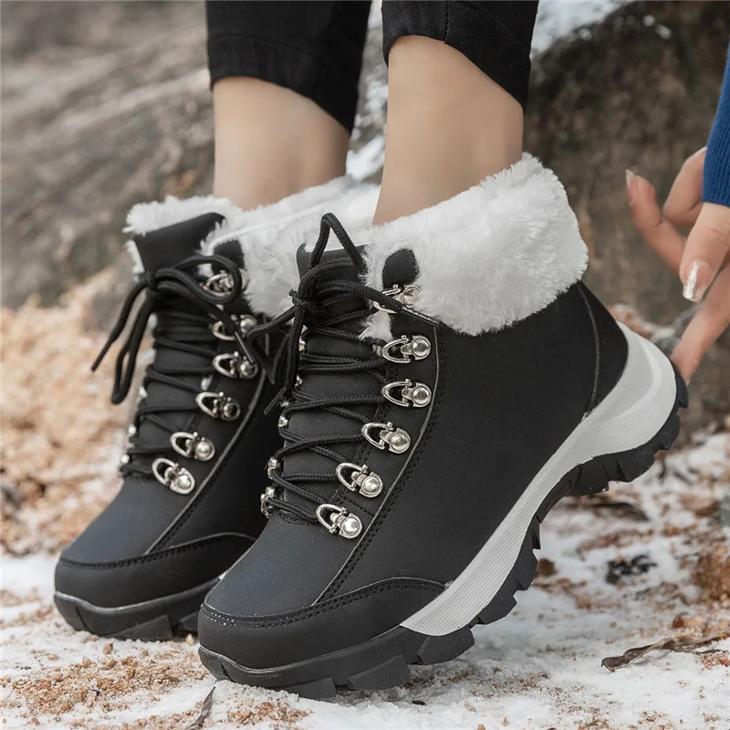 Women Hiking Shoes Winter Outdoor Sports Hiking Boots Waterproof Mountain Shoes High Top Non-slip Sneakers Snow Boots Warm Plush