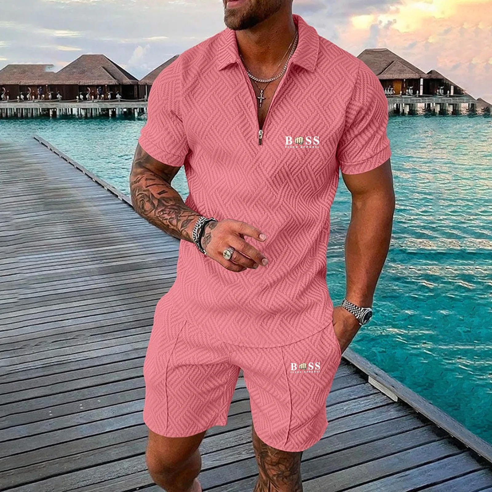2023 Men Summer Brand Tracksuit Fashion Turn Down Collar Zipper Polo Shirt+Shorts Sports Jogging Suit Casual Stylish Sweatersuit