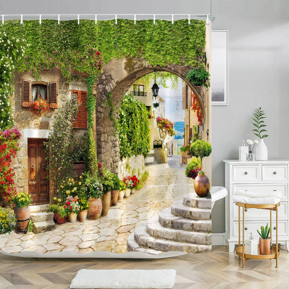 

European Building Garden Patio Landscape Shower Curtains Street Scenery Green Vine Flower Print Bath Screen Hanging Wall Decor