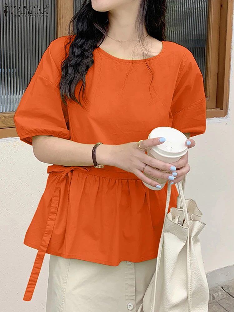 

ZANZEA Fashion Short Puff Sleeve Shirts 2023 Summer Women Y2K Blouse Holiday O Neck Drawstring Waist Tops Pleats Stitching Tunic