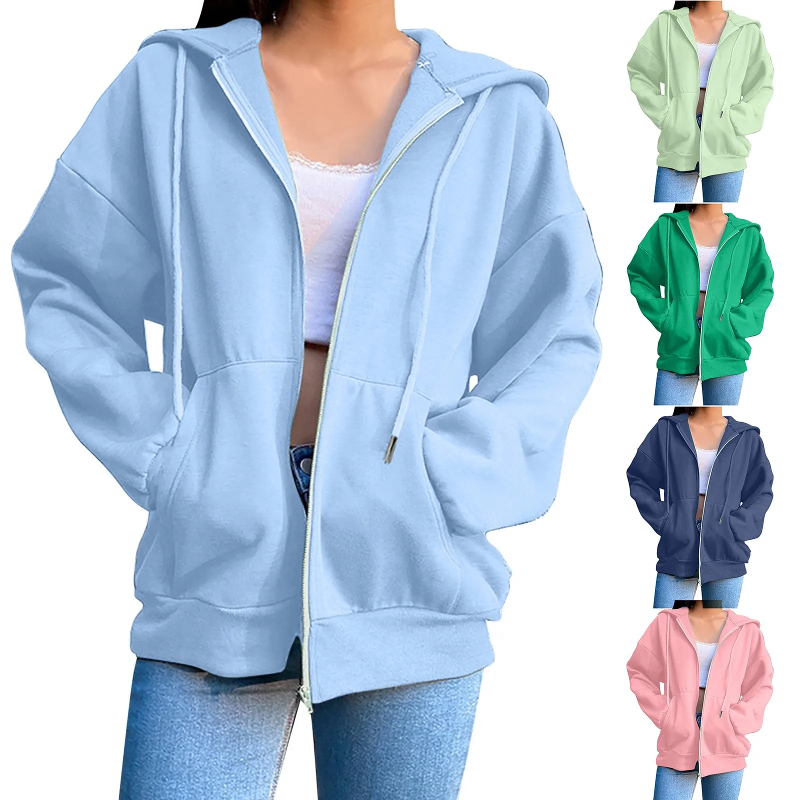 

Autumn Fleece Hoodie Solid Color Hooded Korean Fashion Sweatshirts Long Sleeve Top Drawstring Pockets Loose Zipper Black Hoodies