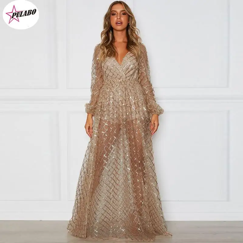 

2022 Christmas Party Women Summer Long Party Dress Long Sleeve Sexy Mesh Tulle Gold Sequin Maxi Dress Vestidos De Mujer