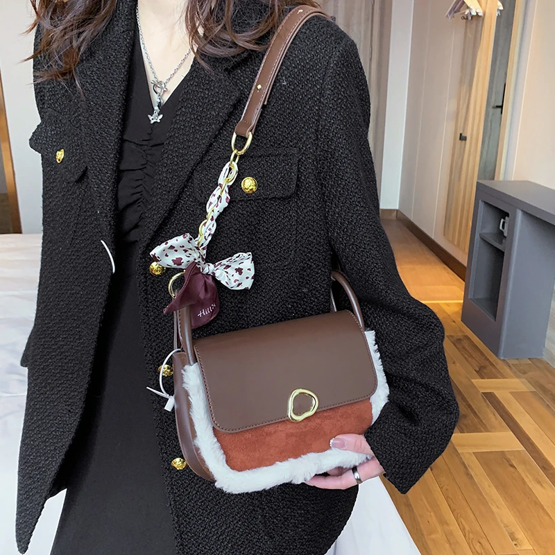 

New Elegant Women Buckle Strape Hasp Furry Leather Crossbody Handbag Bowknot Shoulder Bags Woman Square Purse Messenger Hobo Bag