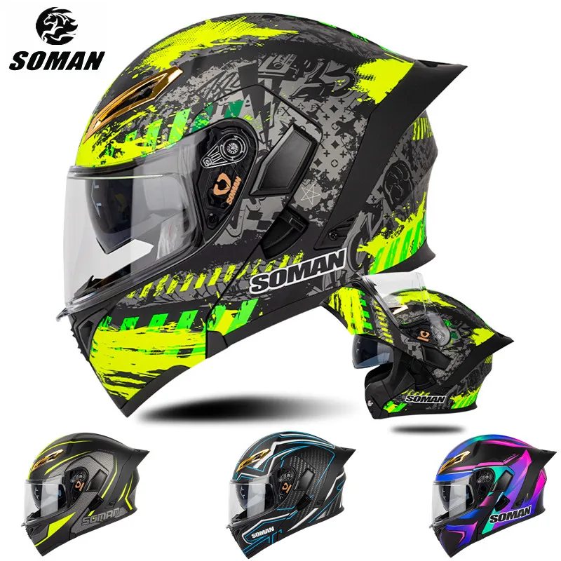 Женский модульный мотоциклетный шлем SOMAN с двумя линзами и откидной крышкой