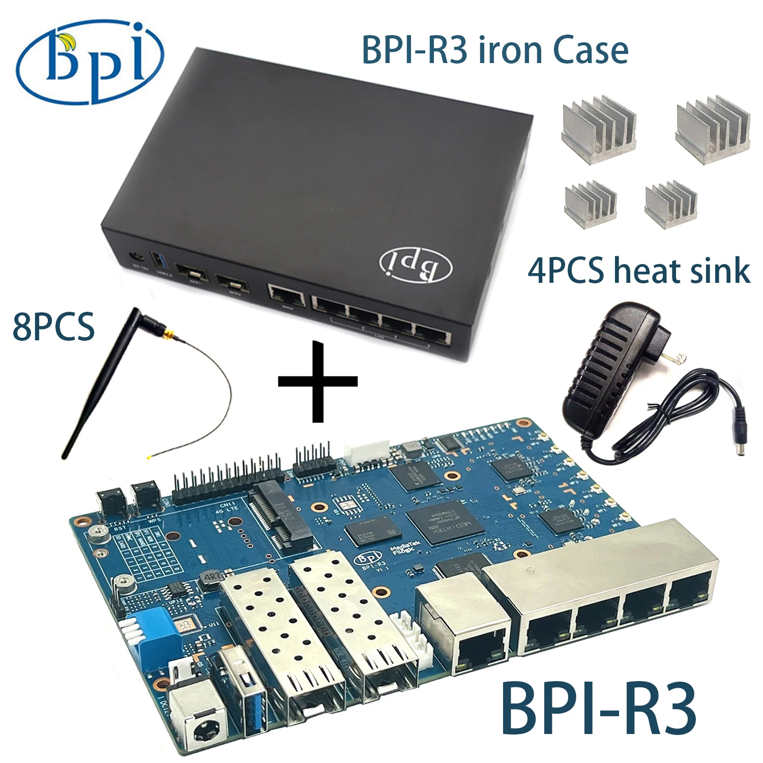 Banana Pi BPI-R3 With Iron Case Power MediaTek MT7986 Quad Core 2G DDR RAM 8G eMMC flash Support Wi-Fi 6 2.4G Router Board