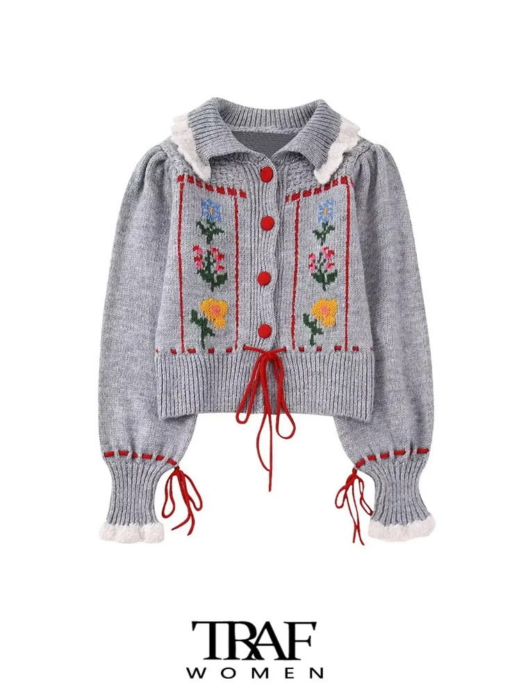

TRAF Women Fashion With Tied Floral Embroidery Crop Knit Cardigan Sweater Vintage Long Sleeve Front Button Female Outerwear