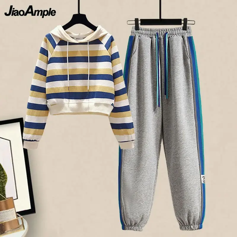 

2022 Autumn Winter New Korean Elegant Striped Hooded Sweater Blouse + Casual Pants Tracksuit 2 Piece Set Women's Sportswear Suit