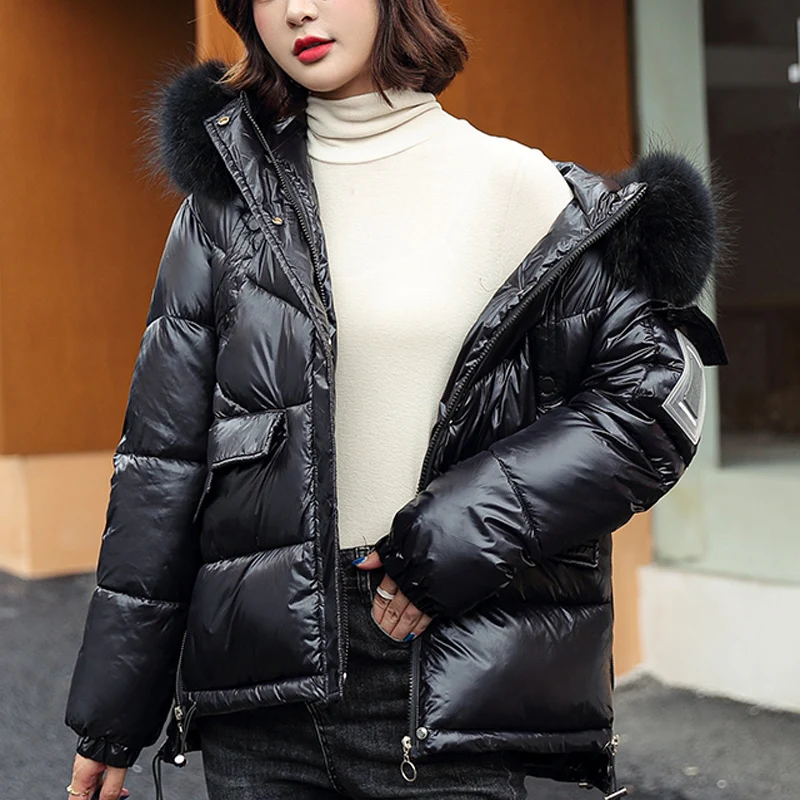 Women's Winter Jacket Students Solid Hooded Large Fur Parkas Drawstring Slim Fashion Warm Coat Female Snow Wear Outwear