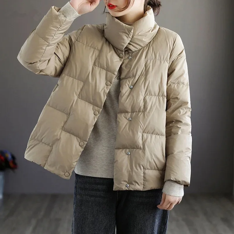 

Women Light Down Jacket Simple Casual Solid Color Stand Collar Short Ultra Light Windproof Parkas Outwear Winter Coat Female