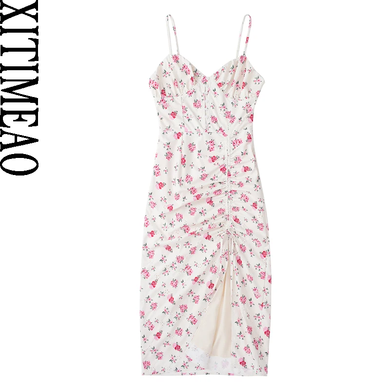

Xitimeao женское модное с подкладкой с цветочным принтом вышитое миди платье винтажное с открытой спиной эластичные тонкие бретельки женские п...