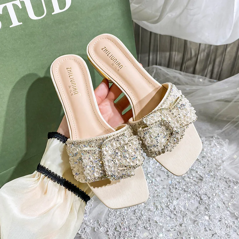 2023 Women Slippers New Chunky Heel Fashion Flat Ladies Rhinestone Slippers Womens Shoes Comfort Summer Peep Toe Shoes