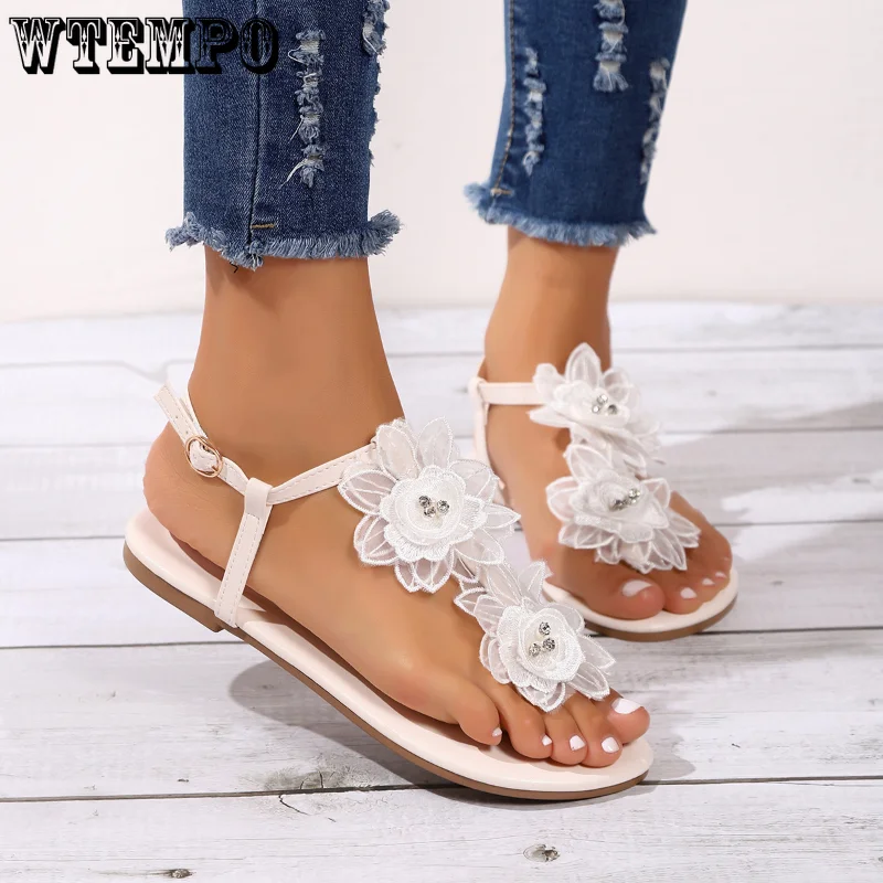 WTEMPO Plus Size Clip-toe Sandals Women's Summer Fashion Flowers Sandals Comfortable Flat Buckle Shoes Wholesale Dropshipping