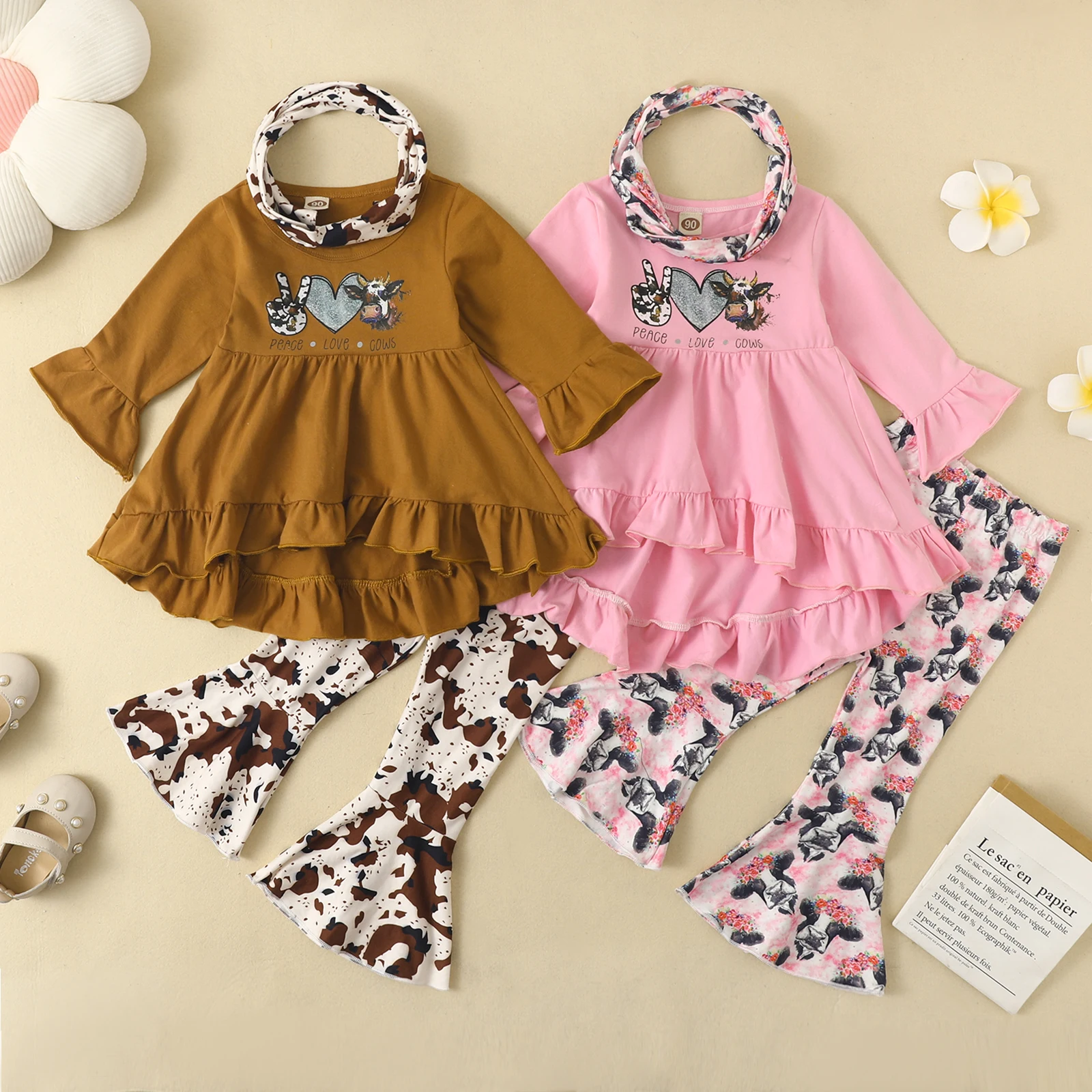 

Ma&Baby 6M-5Y Toddler Kid Girls Clothes Set Long Sleeve Cow Flower Tops Flare Pants Outfits Autumn Spring Clothing D01