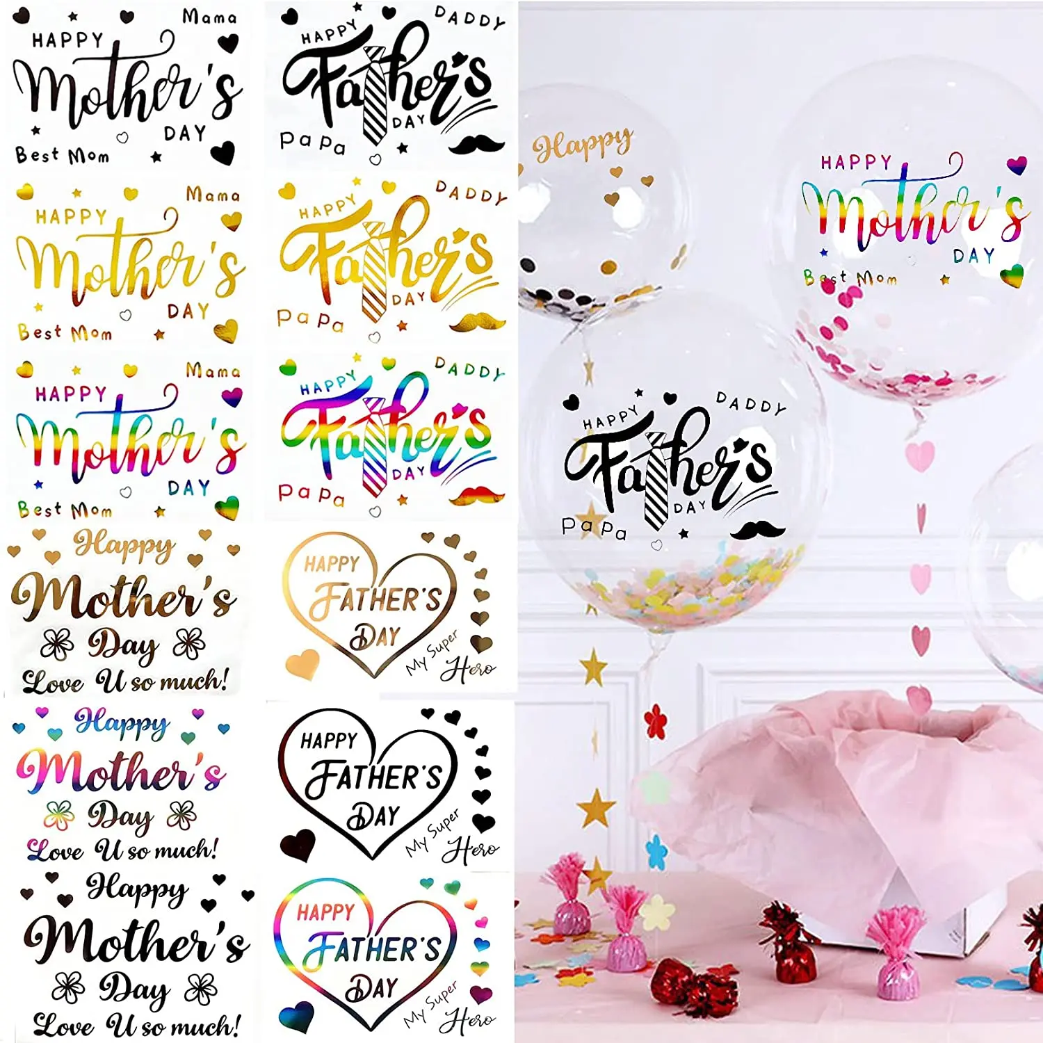 12 Pcs Mother's Day Balloon Stickers Father's Day Letters Decals Congrats Grad Bobo Balloon Stickers DIY Paster Party Supplies