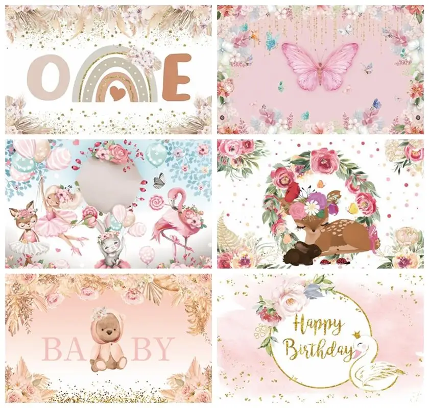 

Laeacco Birthday Backdrops For Girl Ballet Dancer Balloons Flower Flamingo Rabbit Photography Backgrounds Safari Party Photocall
