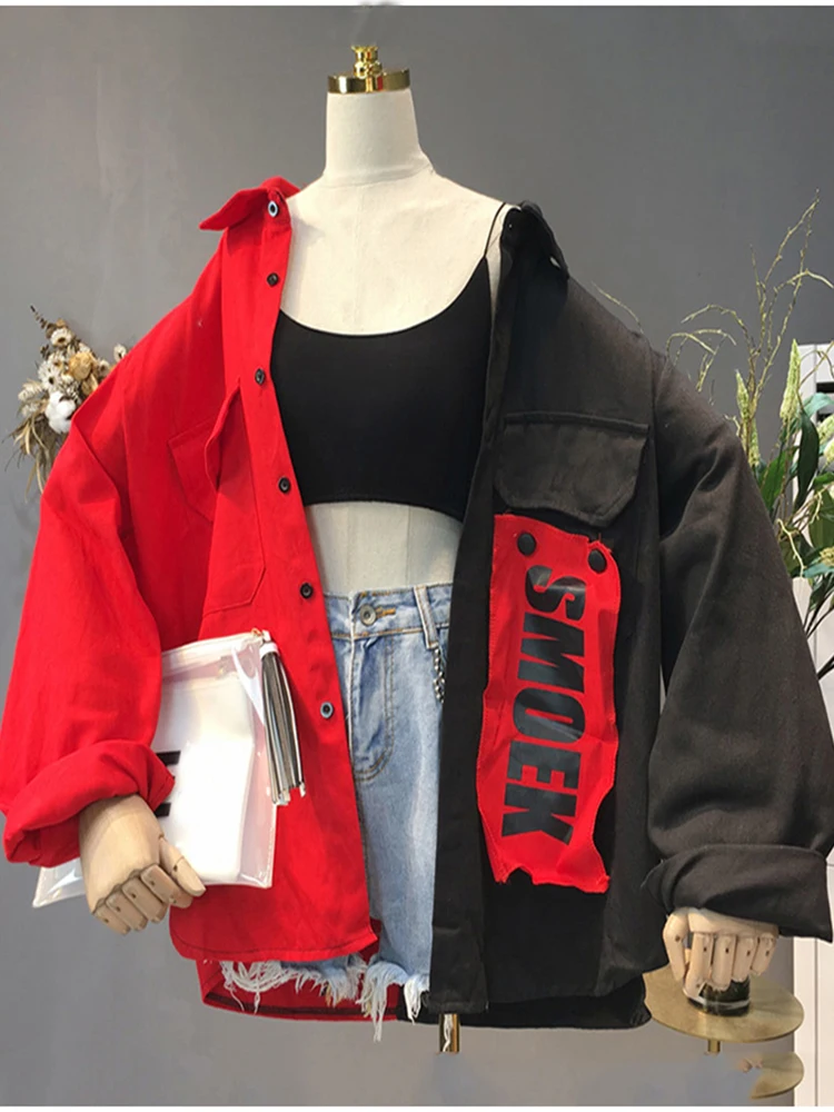 

New Harajuku Oversize Patchwork Jacket Women Spring Autumn Outwear Coat Hip Hop Color Contrast Streetwear Loose BF Style Jackets