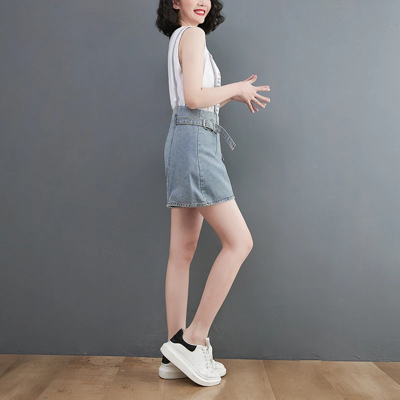 Denim strap shorts Women's blue summer large size 2023 new youth fashion high waist rough hem loose straight leg pants