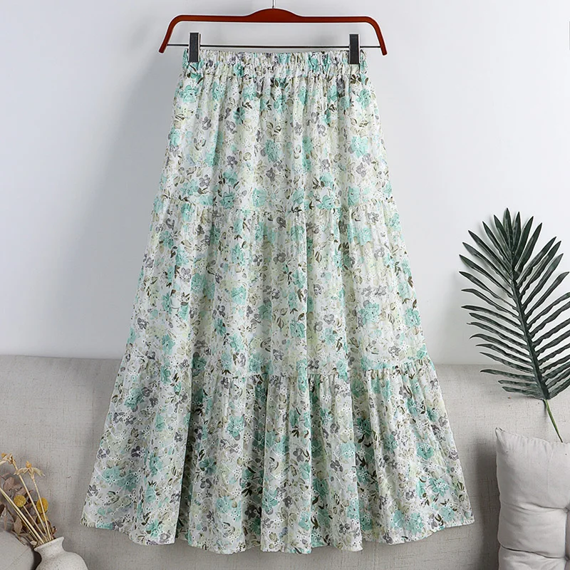 

Summer Emrbroidered Floral Long Chiffon Skirt A-line Patchwork Calf Long Skirts Green Pink