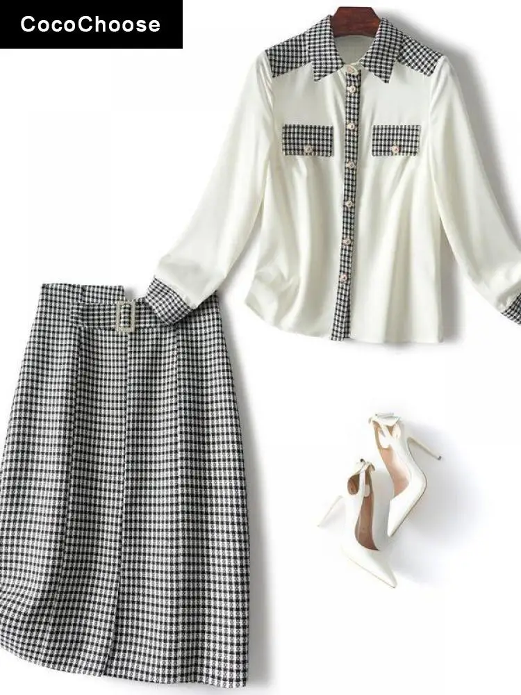

Designer Office Wear Tweed Dress Set Womens 2 Piece Outfits Autumn Winter Plaid Patchwork White Shirts Top + Pencil Skirt Suits