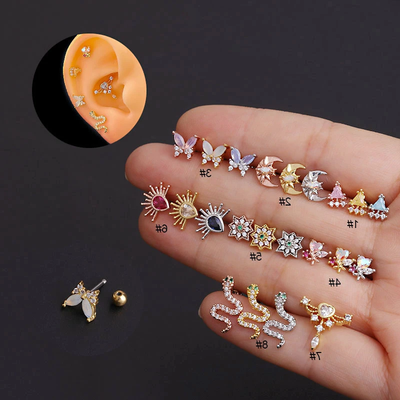 

1Piece Snake Butterfly Stud Earrings for Women Screw Trend Fashion Jewelry Ear Cuffs 20G Stainless Steel Piercing Earrings