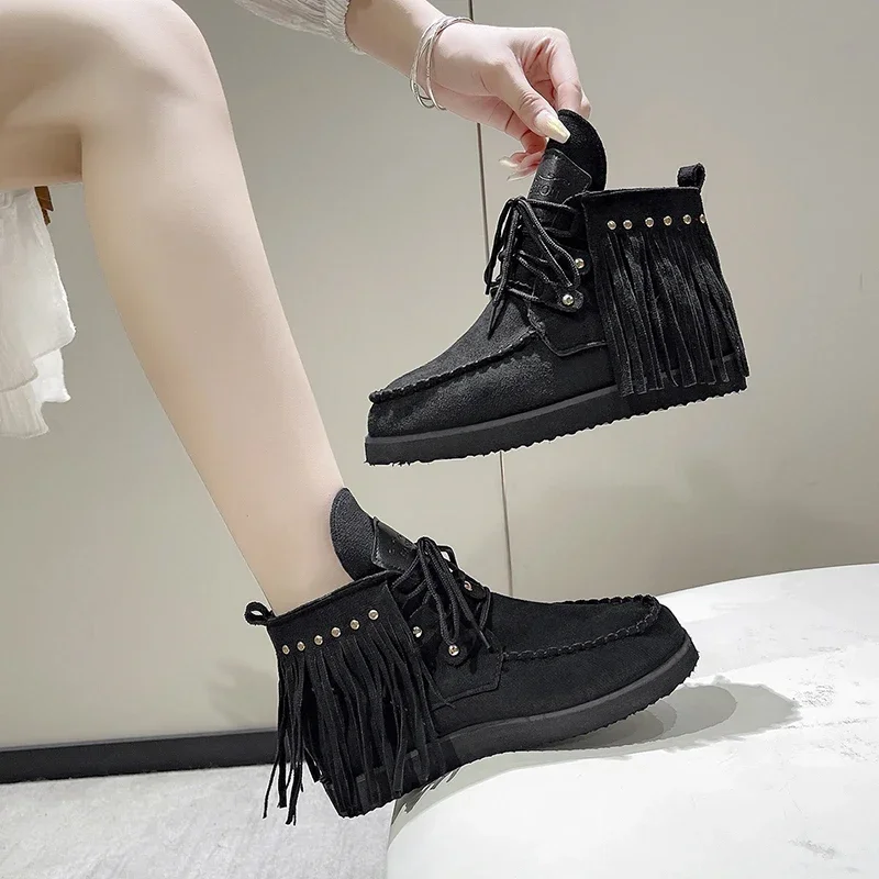 Винтажные женские ботильоны на шнуровке с кисточками Осень-зима острым носком