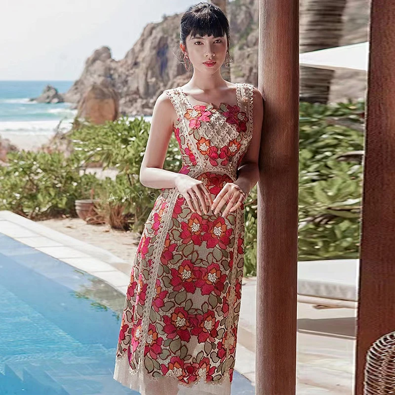 

Женское кружевное платье с высокой талией, Красное Облегающее пляжное платье с цветочной вышивкой в винтажном стиле для отпуска, лето 2023