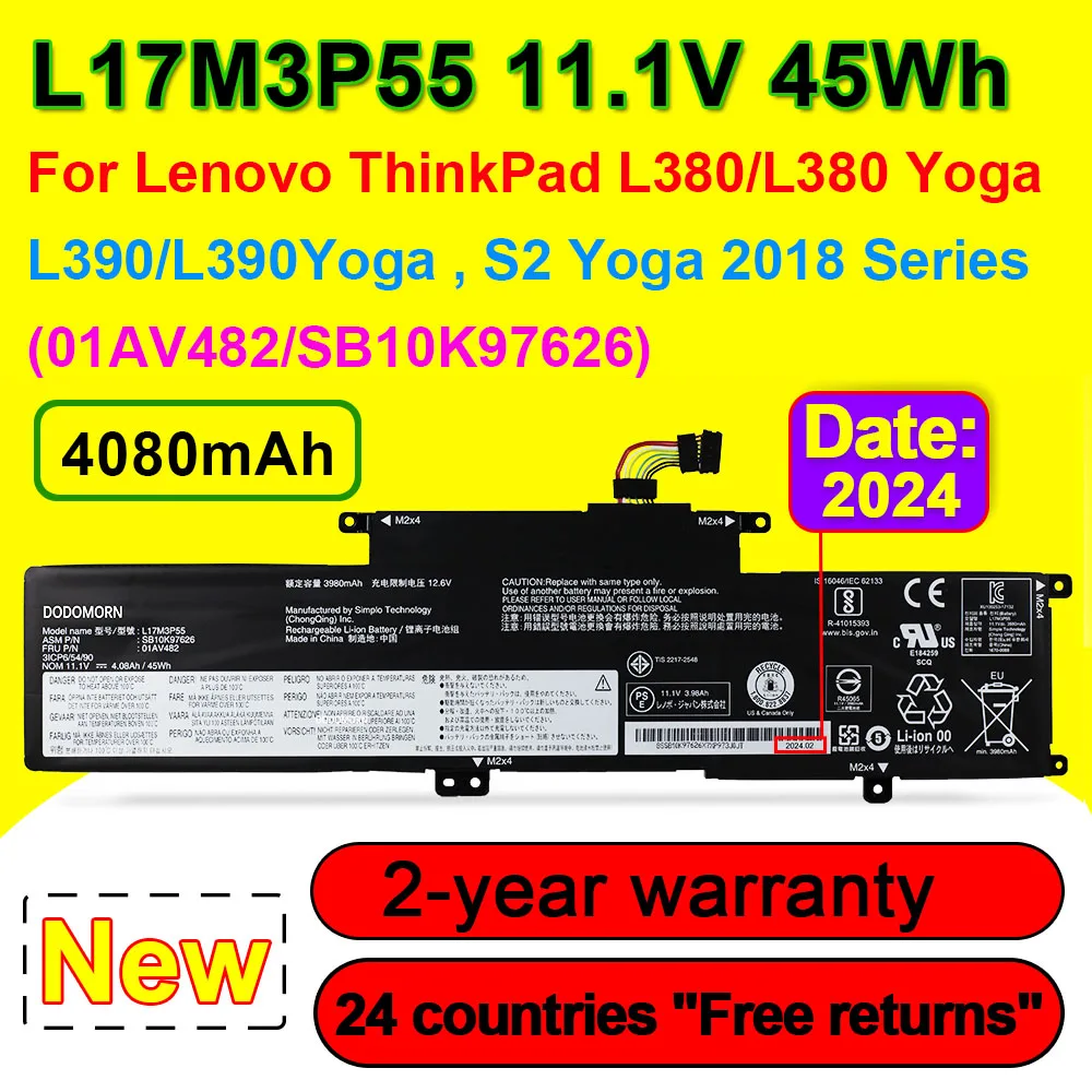 Аккумулятор для ноутбука Lenovo ThinkPad L380 L390 S2 Yoga 4080 01AV481 01AV482 01AV483 SB10K97626 2018 мАч