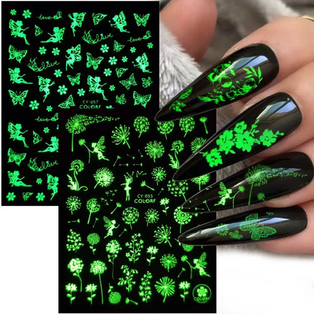 

9Pcs/Set Nail Sticker Fluorescent Effect Glowing In Dark Good Adhesion Luminous 3D Glow In Dark Butterfly Flower Slider for Mani