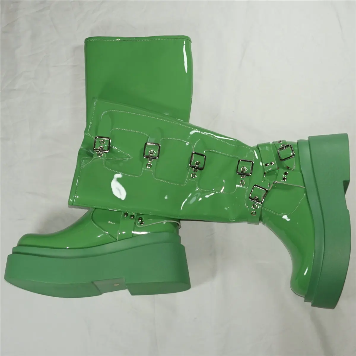 Green Wedges Fashion Sneakers Women Patent Leather Super High Heels Knee High Boots Female Round Toe Platform Pumps Casual Shoes