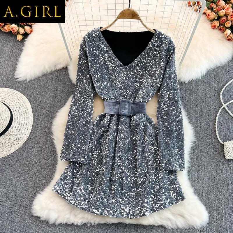 

A GIRLS Fashion Women Dress Spring Autumn Long Sleeve V-Neck Sequined Dresses Elegant Female Party Club Dress With Belt L529