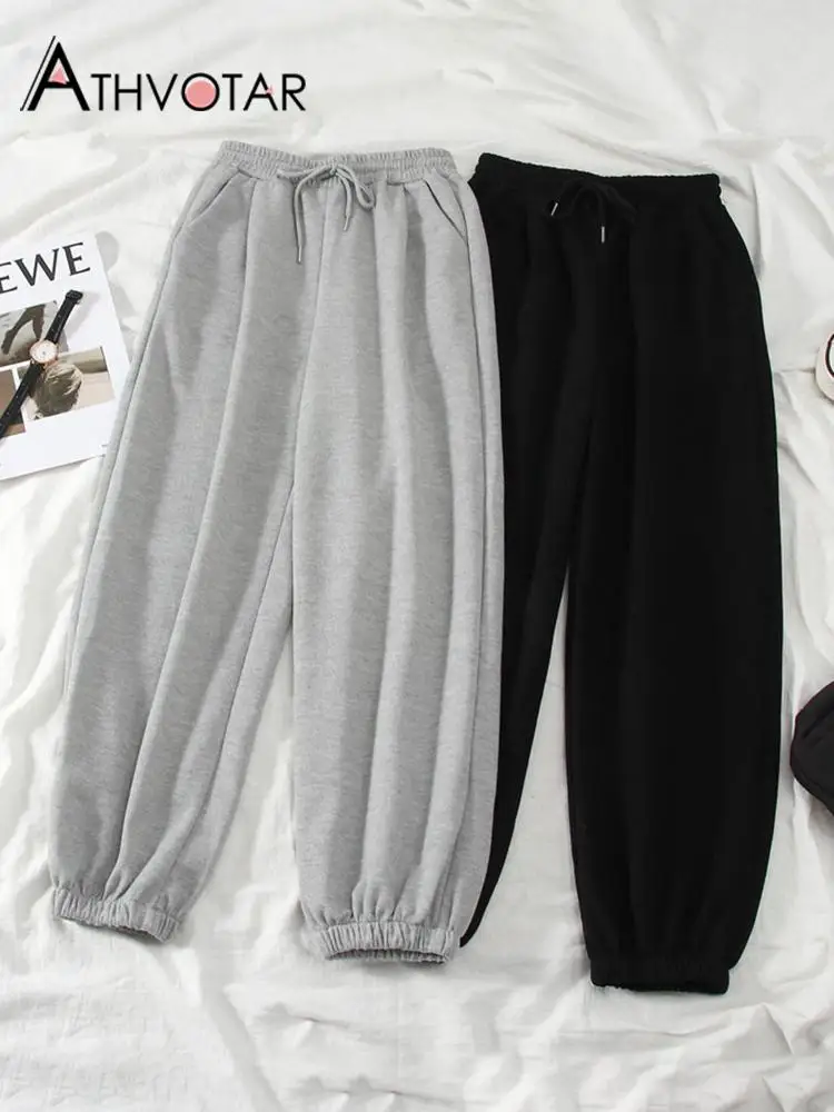 

ATHVOTAR Pants Women Solid Autumn Winter Pockets Casual Sports Loose High Waist Gray Pants Velvet Outer Wear Straight Sweatpants