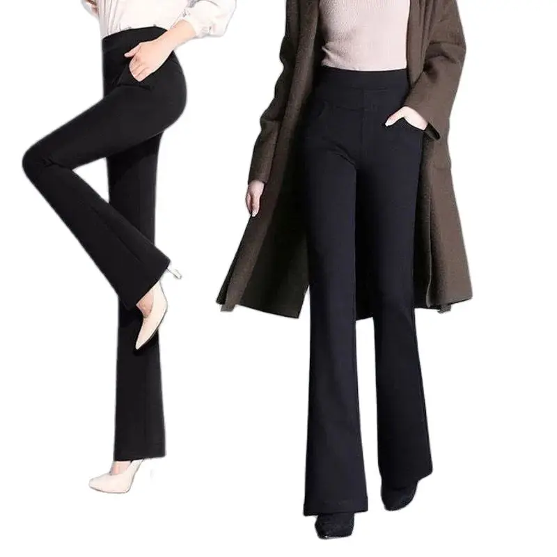 

Женские брюки-клеш с высокой талией, черные брюки с широкими штанинами, прямые брюки, эластичные повседневные флисовые брюки, Осень-зима 2022