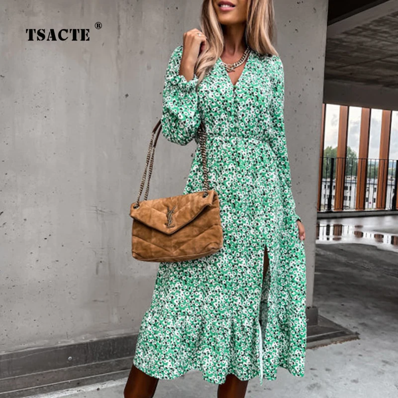 

Женское платье средней длины, элегантное платье с V-образным вырезом и цветочным принтом, с эластичным поясом, с разрезом, Осень-зима 2022