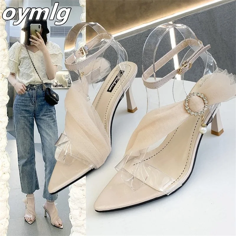 

Transparent sandals female high-heeled 2022 new style summer fairy style fashion lace mid-heel stiletto sandals and slippers