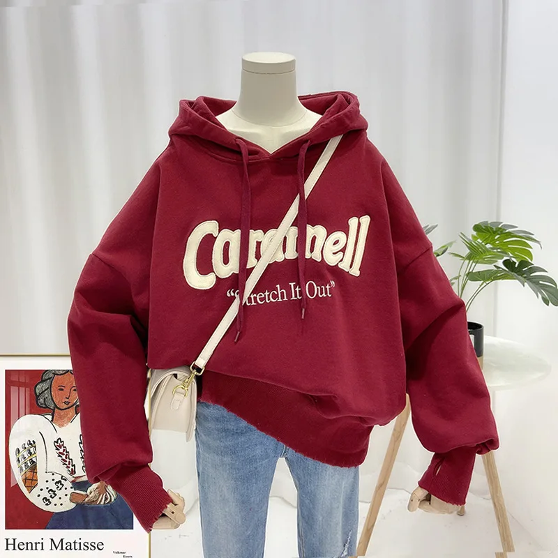 

Женская Толстовка большого размера с капюшоном, тонкие толстовки, Корейская версия Ulzzang, свободная толстовка с Вышивкой Букв, весенне-осенняя Толстовка