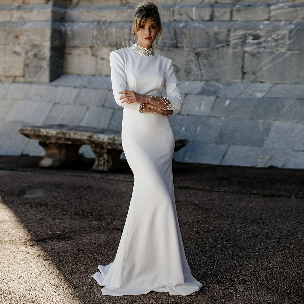 

Weilinsha Sheath Jersey High Neckline with Pearls Wedding Dress for 2023 Brides Simple Long Sleeve Sweep Train Bridal Gowns