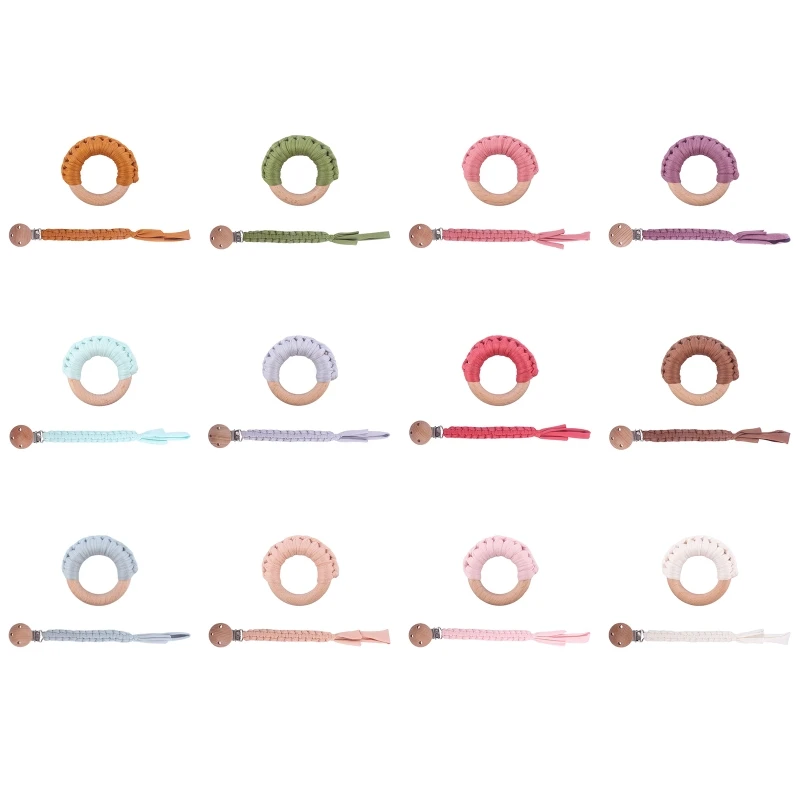 

2 Pcs Baby Braided Pacifier Chain Clip Wooden Ring Teether Set Infant Nipple Dummy Holder Soother Molar Teething Toys