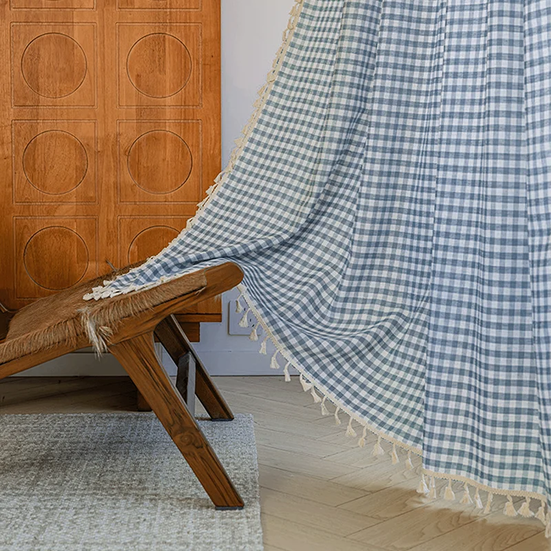 Фото Синие шторы в клетку с кисточками в богемном стиле, 1/2 панели, для декора окон кухни в стиле фермерского дома или загородного дома №3