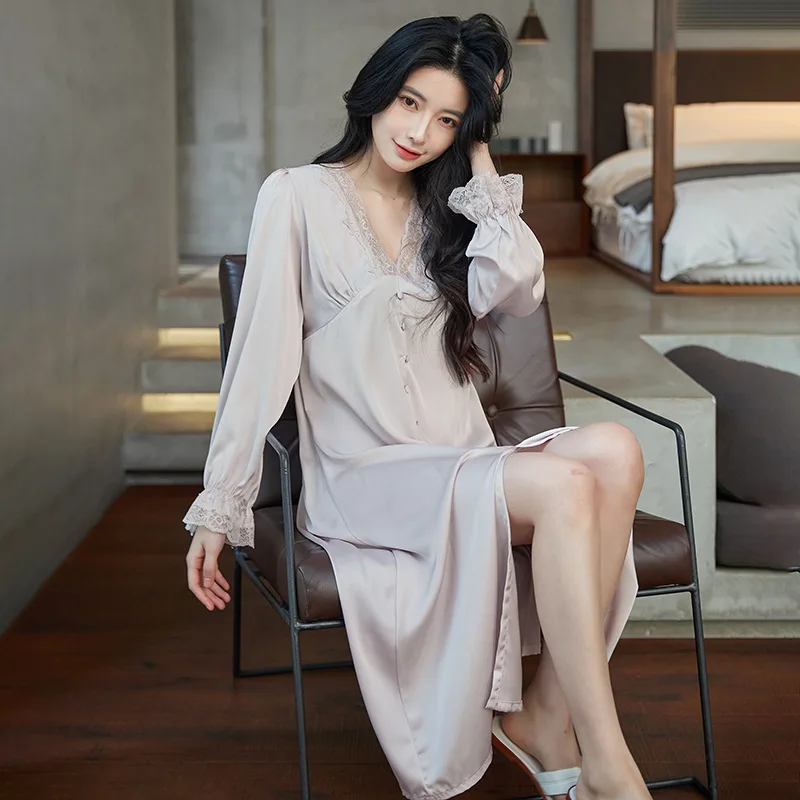 Palace Style Lace V-neck Night Dress Women Summer Satin Nightgown With Button Long Sleepwear Sleepshirts Lounge Home Dresses