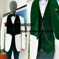 white jacquard mens suit 2 piece jacket pants velvet collar wedding tuxedo groom blazer male slim fit custom outfit