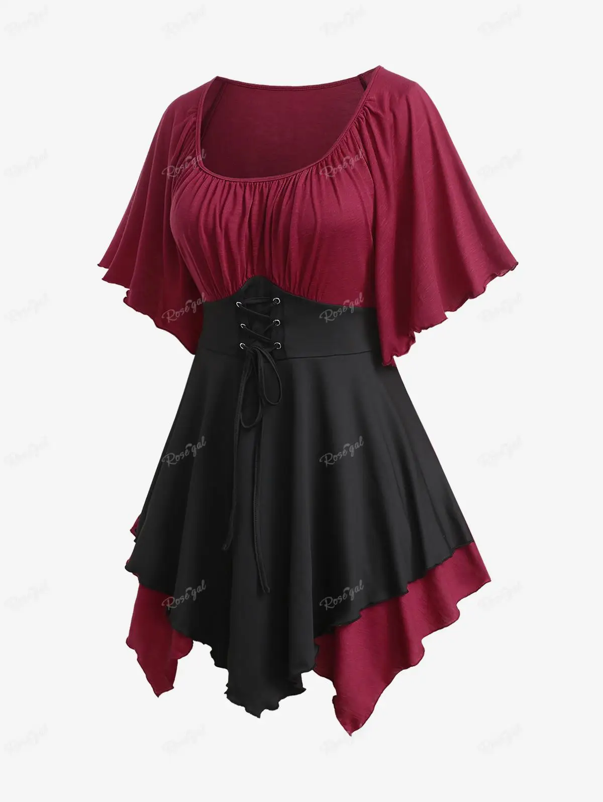 

ROSEGALPlus Size Double Layered Lace Up Butterfly Sleeves T-shirt Or Chain Panel Solid Color V Neck Tops Women Summer Casual Tee