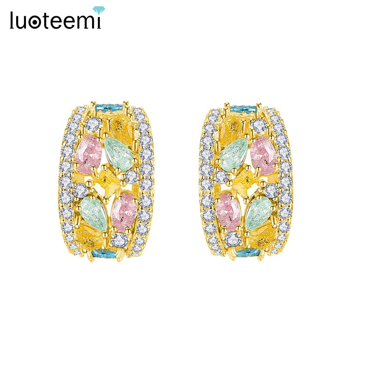 

LUOTEEMI Rainbow Cubic Zirconia Stones Hoop Earrings for Women Crystal Exquisite White Color Bridal Wedding Jewelry Aretes Gifts